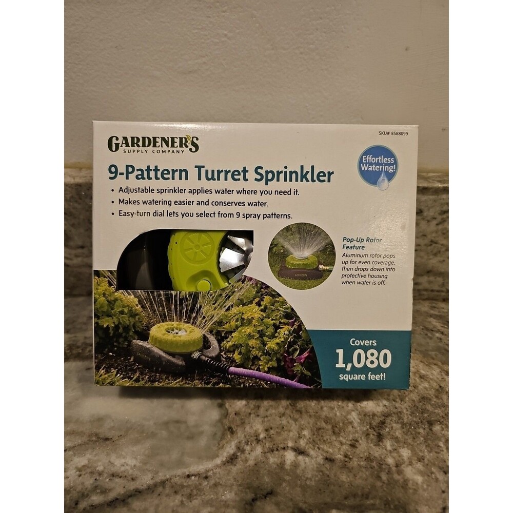 Gardeners Supply 9-Pattern Turret Sprinkler Metal Base Green 8588099 Heavy-Duty